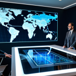 A diverse group of professional adults, including men and women, in modest business suits, gathered around a large, futuristic holographic display table in a sleek, modern conference room. The display shows abstract global data flows and interconnected legal symbols, representing cybersecurity challenges. Their expressions are serious and focused, engaged in a collaborative discussion. Fully clothed, appropriate attire, professional dress, safe for work, appropriate content, professional photography, perfect anatomy, correct proportions, natural pose, well-formed hands, proper finger count, natural body proportions, high quality, sharp focus, cinematic lighting.