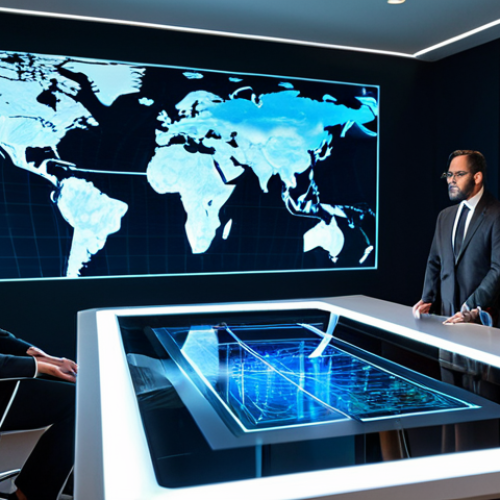A diverse group of professional adults, including men and women, in modest business suits, gathered around a large, futuristic holographic display table in a sleek, modern conference room. The display shows abstract global data flows and interconnected legal symbols, representing cybersecurity challenges. Their expressions are serious and focused, engaged in a collaborative discussion. Fully clothed, appropriate attire, professional dress, safe for work, appropriate content, professional photography, perfect anatomy, correct proportions, natural pose, well-formed hands, proper finger count, natural body proportions, high quality, sharp focus, cinematic lighting.