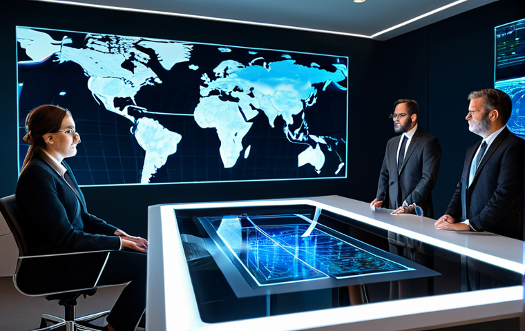 A diverse group of professional adults, including men and women, in modest business suits, gathered around a large, futuristic holographic display table in a sleek, modern conference room. The display shows abstract global data flows and interconnected legal symbols, representing cybersecurity challenges. Their expressions are serious and focused, engaged in a collaborative discussion. Fully clothed, appropriate attire, professional dress, safe for work, appropriate content, professional photography, perfect anatomy, correct proportions, natural pose, well-formed hands, proper finger count, natural body proportions, high quality, sharp focus, cinematic lighting.