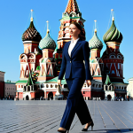 **

"A professional businesswoman in a modest, stylish business suit, walking confidently through the Red Square in Moscow. Background features St. Basil's Cathedral and a clear blue sky. Fully clothed, appropriate attire, safe for work, perfect anatomy, natural proportions, professional photography, high quality."

**