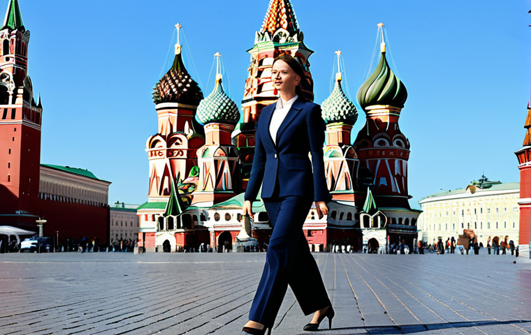 **
"A professional businesswoman in a modest, stylish business suit, walking confidently through the Red Square in Moscow. Background features St. Basil's Cathedral and a clear blue sky. Fully clothed, appropriate attire, safe for work, perfect anatomy, natural proportions, professional photography, high quality."
**