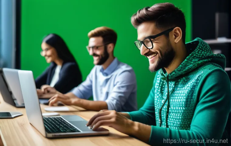 정보보안학 공개키 암호화 - **Prompt:** A diverse group of adults (ages 20s-50s) in a modern, brightly lit co-working space, eac...