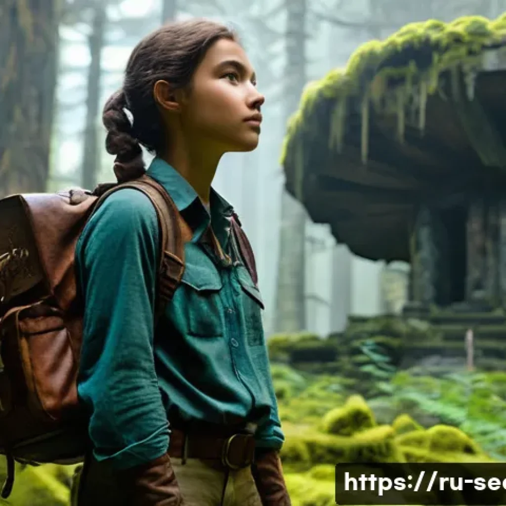 정보보안학 클라우드 보안 위협 - **Prompt:** A young female explorer, approximately 18 years old, stands on a winding, moss-covered p...