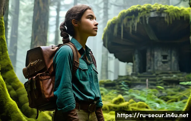 정보보안학 클라우드 보안 위협 - **Prompt:** A young female explorer, approximately 18 years old, stands on a winding, moss-covered p...