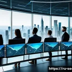 정보보안학 보안 리스크 관리 프로세스 - A high-tech corporate office environment with diverse cybersecurity professionals analyzing digital ...