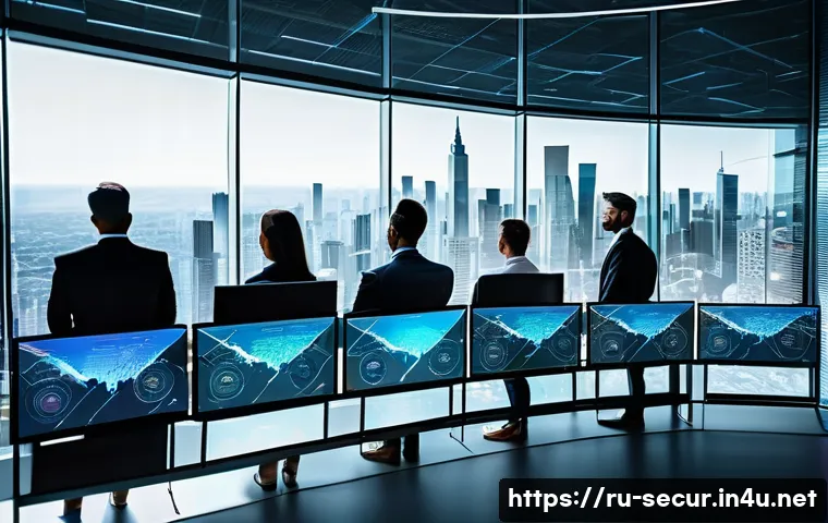 정보보안학 보안 리스크 관리 프로세스 - A high-tech corporate office environment with diverse cybersecurity professionals analyzing digital ...