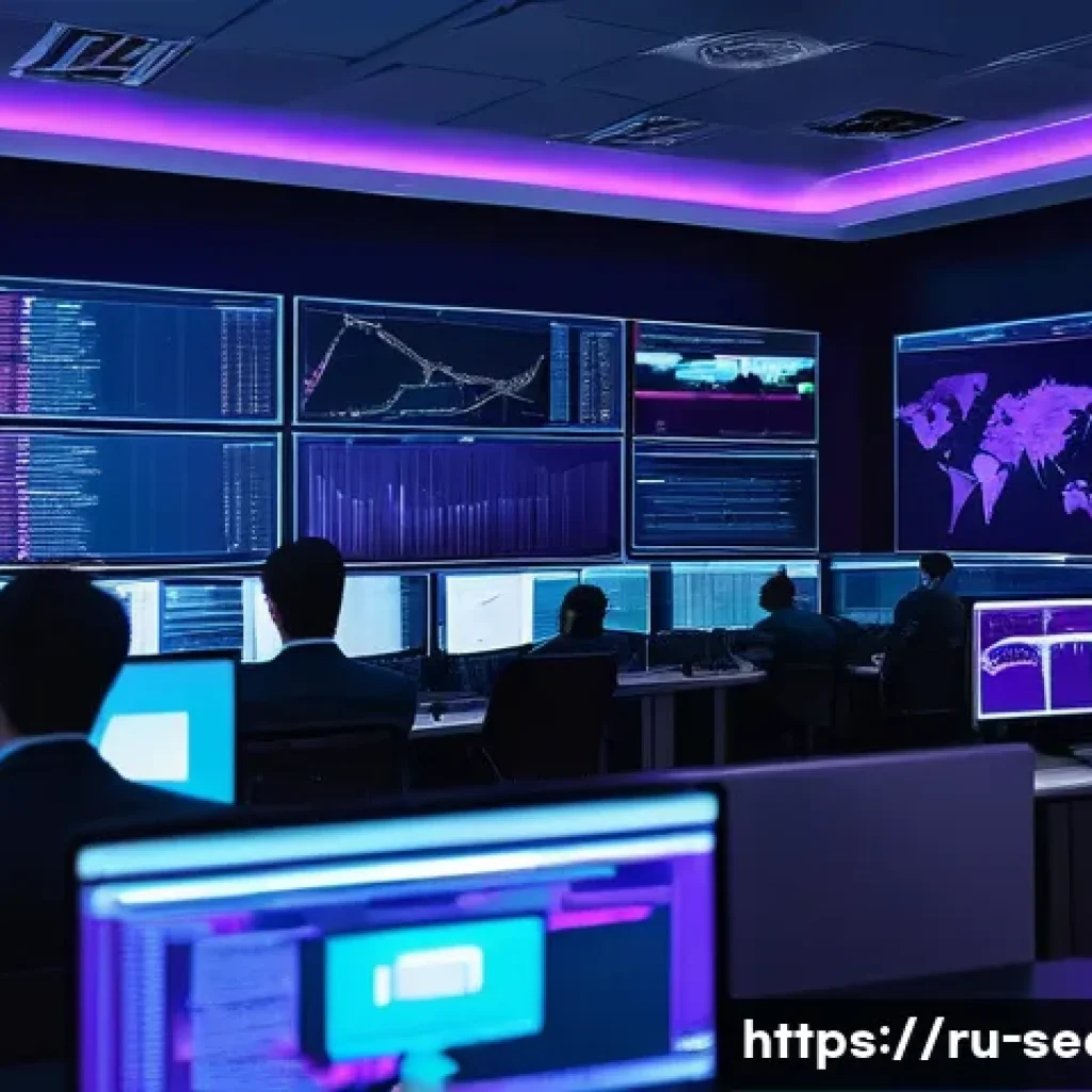 정보보안학 사이버 위협 인텔리전스 - A detailed, futuristic cybersecurity operations center with multiple large transparent digital scree...