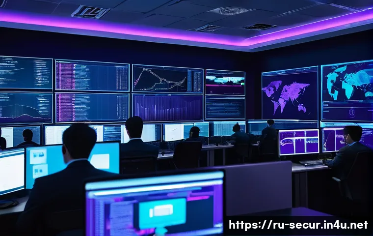 정보보안학 사이버 위협 인텔리전스 - A detailed, futuristic cybersecurity operations center with multiple large transparent digital scree...