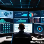 정보보안학 보안 관리 정책 - A high-tech cybersecurity operations center with multiple large monitors displaying real-time threat...