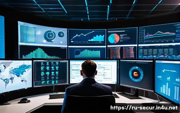 정보보안학 보안 관리 정책 - A high-tech cybersecurity operations center with multiple large monitors displaying real-time threat...