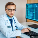 정보보안학 HIPAA Health Insurance Portability and Accountability Act - A modern medical office in Russia showcasing digital security measures: a doctor in professional att...