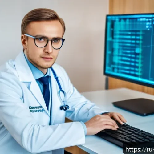 정보보안학 HIPAA Health Insurance Portability and Accountability Act - A modern medical office in Russia showcasing digital security measures: a doctor in professional att...