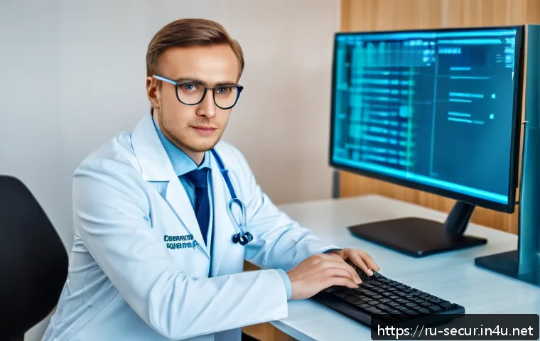 정보보안학 HIPAA Health Insurance Portability and Accountability Act - A modern medical office in Russia showcasing digital security measures: a doctor in professional att...