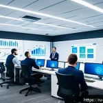 Home 23 정보보안학 위협 모델링 - A modern corporate office environment with diverse IT and security professionals collaborating on id...