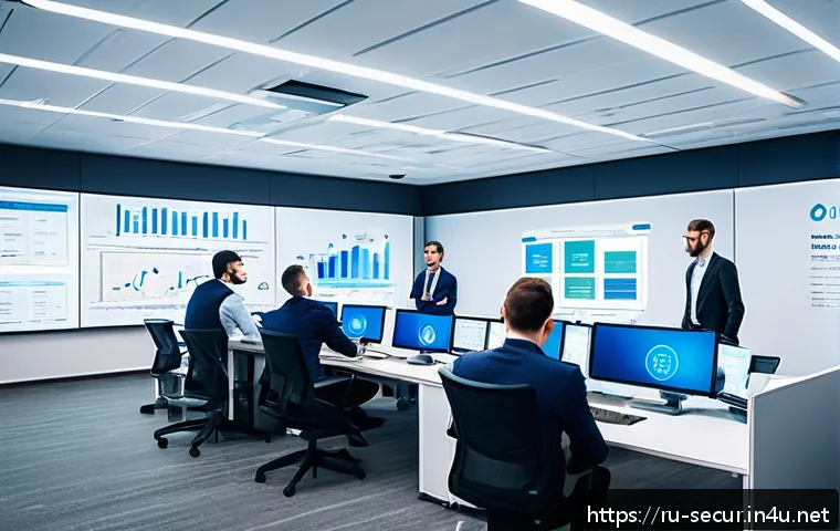 정보보안학 위협 모델링 - A modern corporate office environment with diverse IT and security professionals collaborating on id...