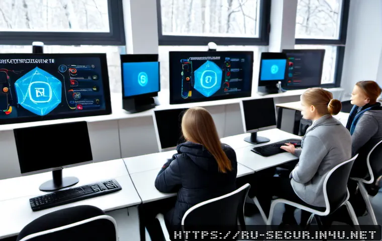 정보보안학 정보 보안 교육 - Photorealistic cybersecurity education scene in a modern Russian university classroom, adult student...