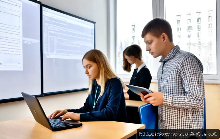 Home 30 정보보안학 필수과목 - Photorealistic modern university cybersecurity classroom in Russia, diverse young adult students stu...