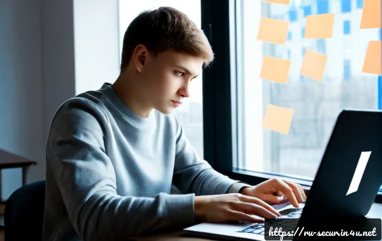 Home 17 정보보안학 이메일 보안 - Photorealistic Russian cybersecurity student at a tidy university desk in Moscow, carefully reviewin...