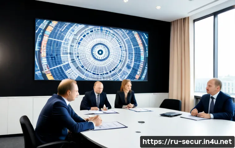 정보보안학 사이버 보안 거버넌스 - Photorealistic cybersecurity governance meeting in a modern Moscow office, diverse Russian corporate...